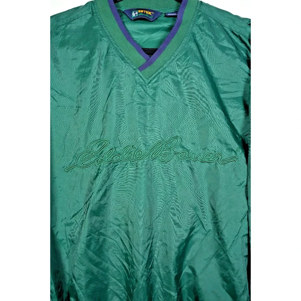 Vintage Eddie Bauer EBTEK Mens Green‎ Nylon V-Neck Windbreaker Pullover Large